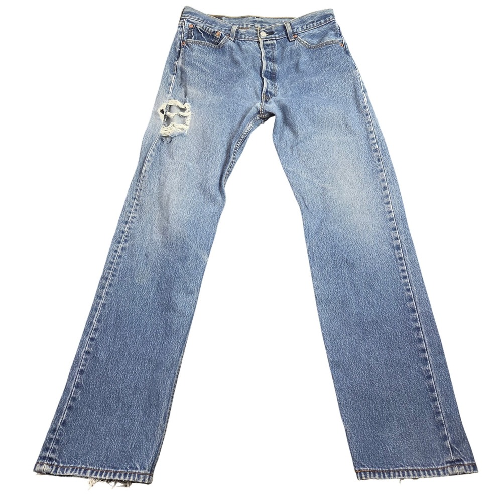 Vintage Levis 501 Jeans Mens 32x34 Blue Distressed Button Fly Straight Leg Denim